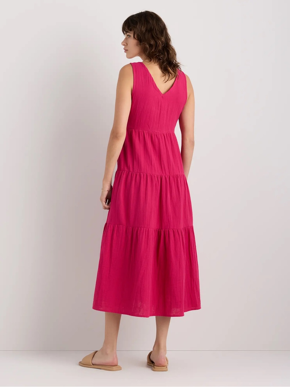Quince 100% Organic Cotton Gauze Tiered Maxi Midi Dress in Amaranth Pink Medium - Picture 3 of 8
